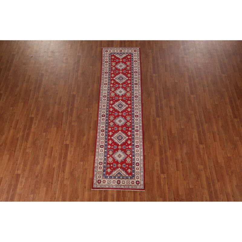Red Geometric Kazak Runner Rug Hand-Knotted Wool Carpet - 2'7" x 9'8"