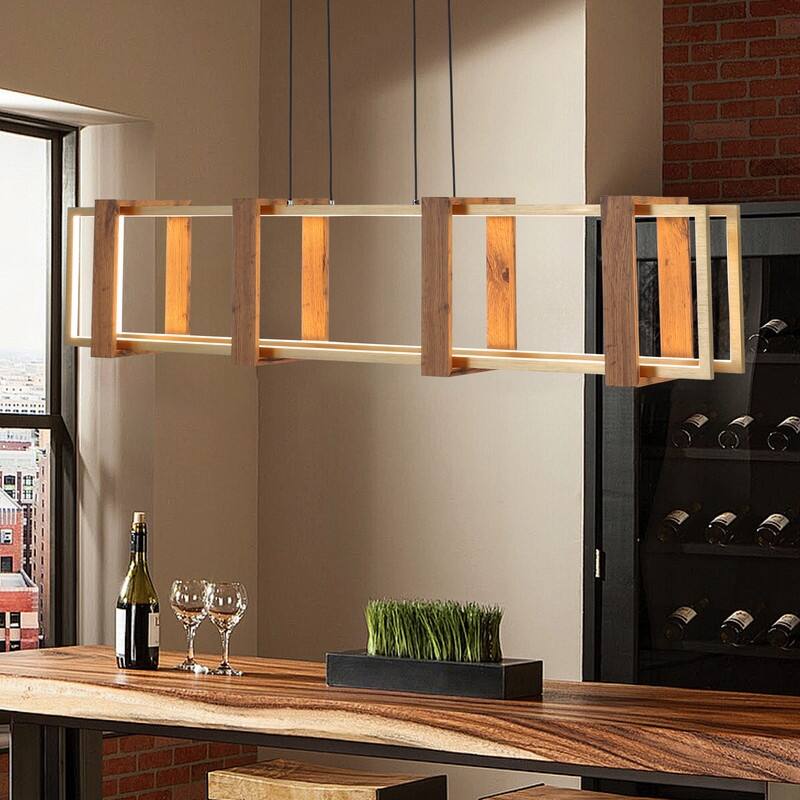 40 in. LED Rectangular Wood Chandelier Modern Pendant Light Fixture Dimmable Kitchen Chandeliers for Dinning Room