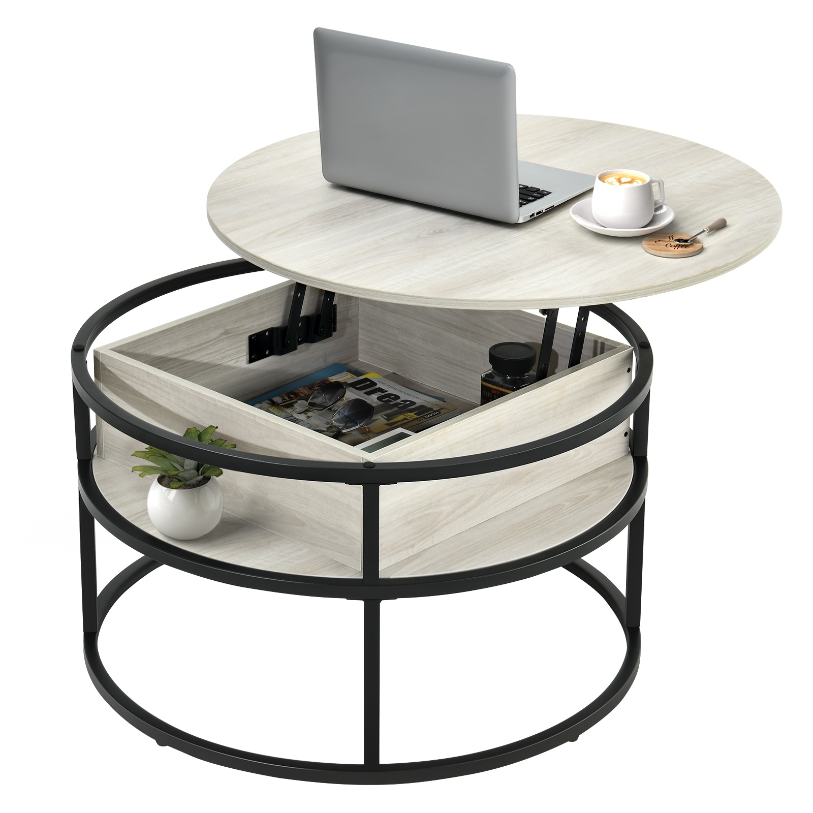 Wood Round Lift Top Coffee Table White Oak with Hidden Storage Compartment -  wedealfu, OSFCT0006085WFU