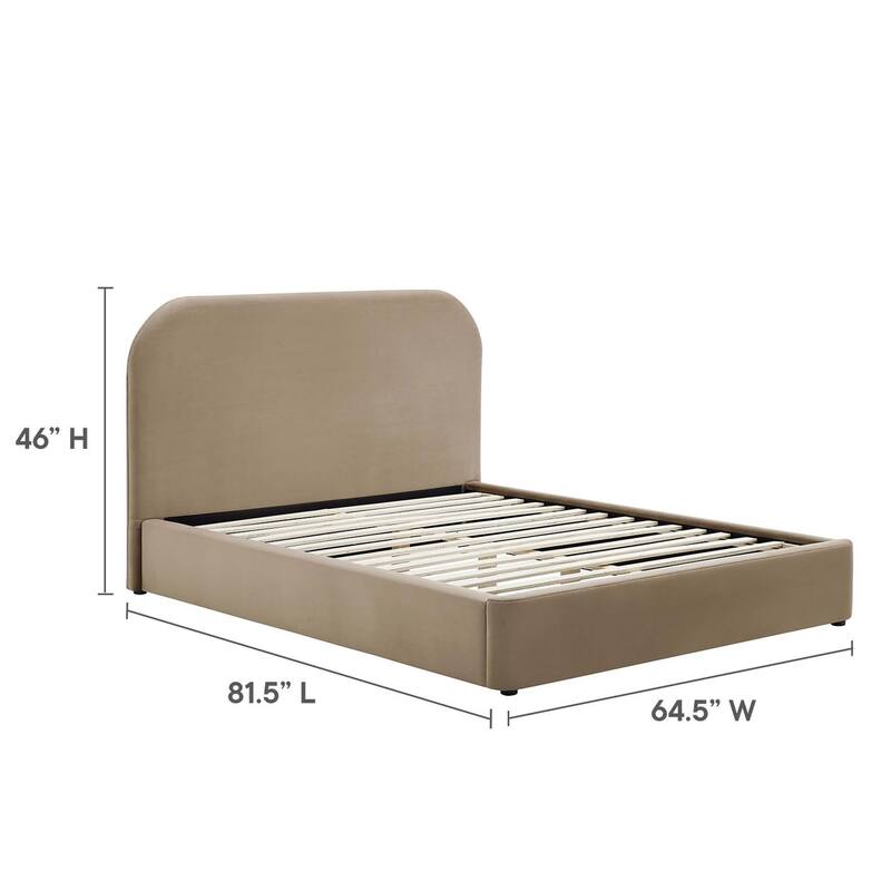 Hillsway Modern Curved Headboard Taupe Velvet Upholstered Full Size Platform Bed