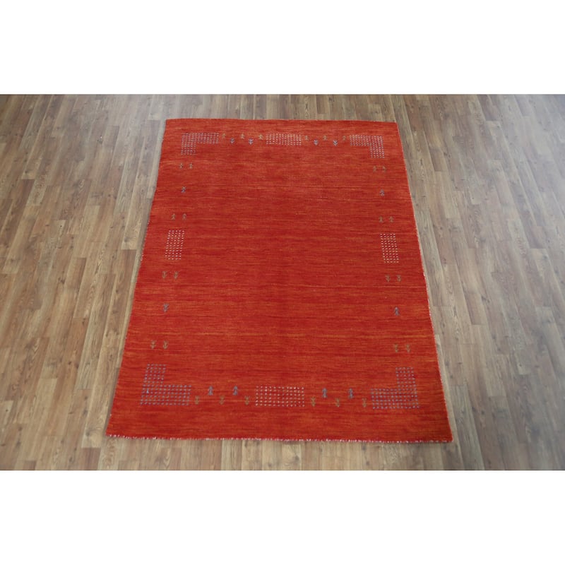 Tribal Modern Gabbeh Indian Rug Hand-Knotted Orange Wool Carpet - 4'9" x 6'5"