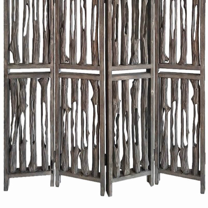 Contemporary 4 Panel Wooden Screen with Log Design, Brown