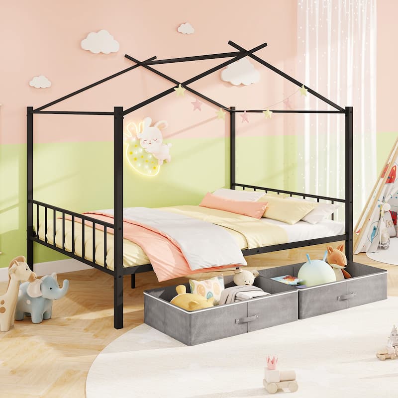 Full Size Metal House Bed Frame with Storage Drawers and Slats Support for Kids and Teens Room - Black