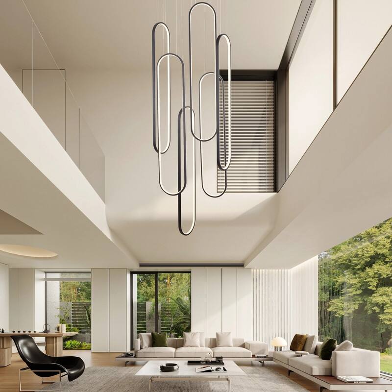 Modern Chandelier 6 Ring Adjustable Height Long Staircase LED Chandeliers Foyer Ceiling Light