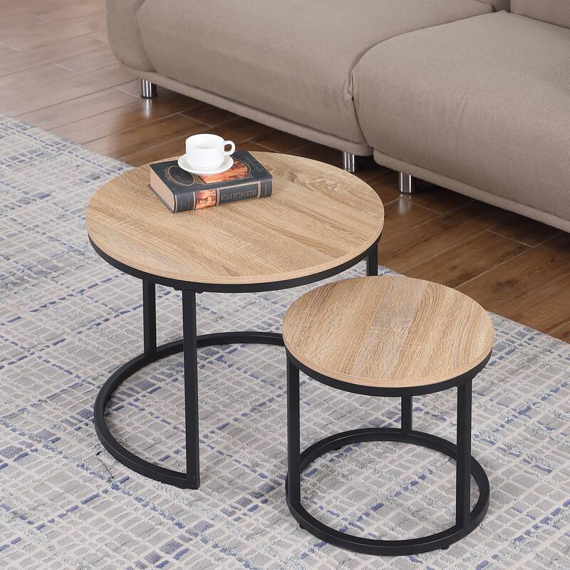 24" Round Nesting Table, Accent Coffee Table, Natural Oak Wood Finish, Space-Saving, Modern Industrial Style