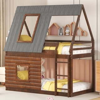 Retro Style Twin Size House Bunk Bed with Roof, Ladder & Windows