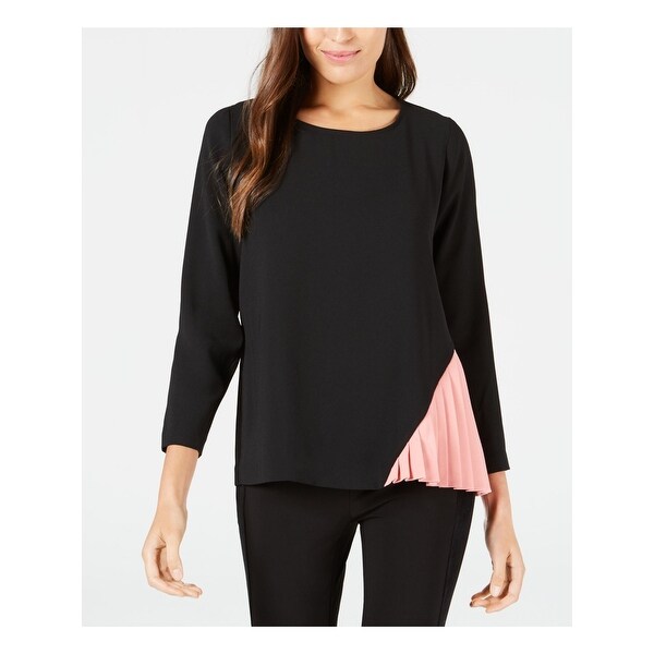 ALFANI Womens Black Color Block Pleated Side 3/4 Sleeve Top Size S