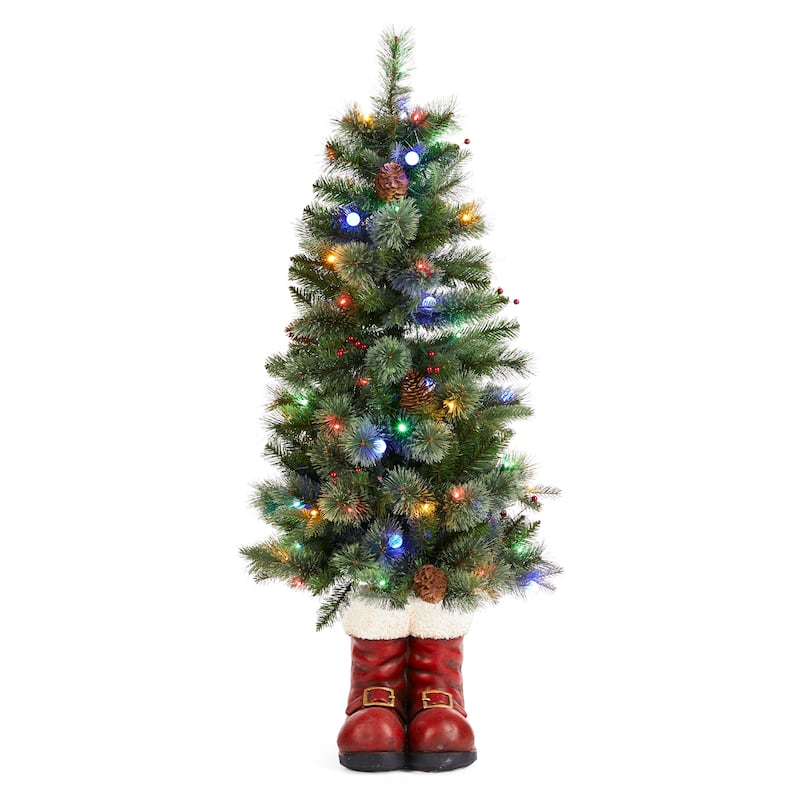 Glitzhome 4.5ft Christmas Santa Boots Porch Tree with 75 Warm White/Multi-color LED Lights