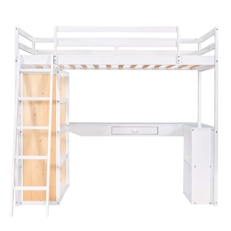 Wood Twin/Full Size Loft Bed with Built-in Desk and Shelves, Twin/Full Bedframe w/Full-Length Guardrails, for Kids Teens Adult