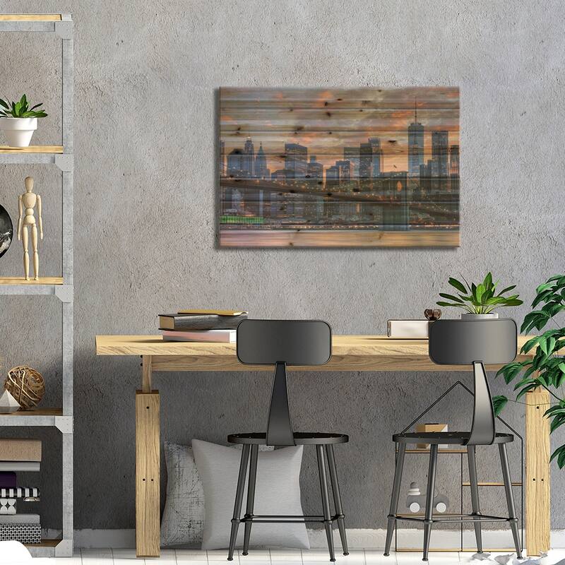 Sunset In Manhattan Print On Wood by Manjik Pictures - Multi-Color