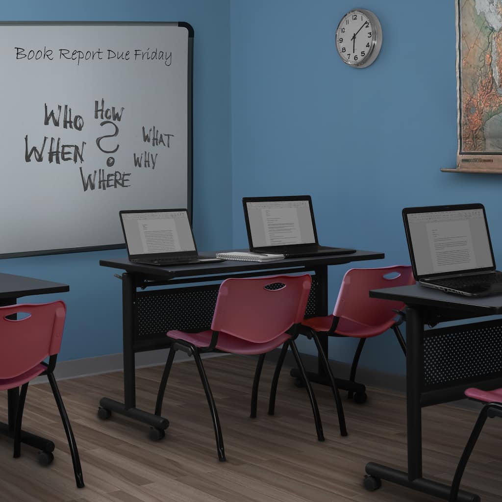 48" x 30" Flip Top Mobile Training Table with Modesty Panel- Grey and 2 "M" Stack Chairs- Burgundy