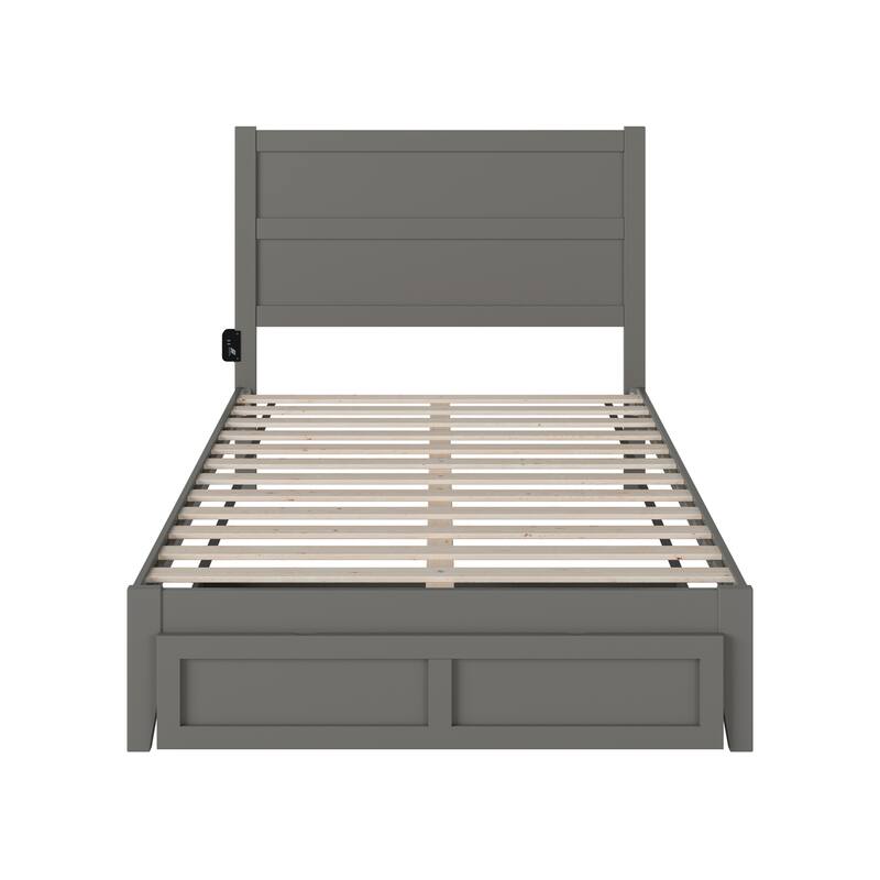 Full Size Bed with Storage Drawer - Grey Platform Bed Frame, Modern Retro Design
