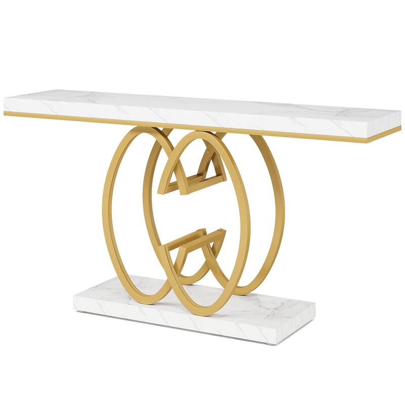 55" Modern Faux Marble Console Table with Gold Geometric Base for Living Room, Hallway, Foyer
