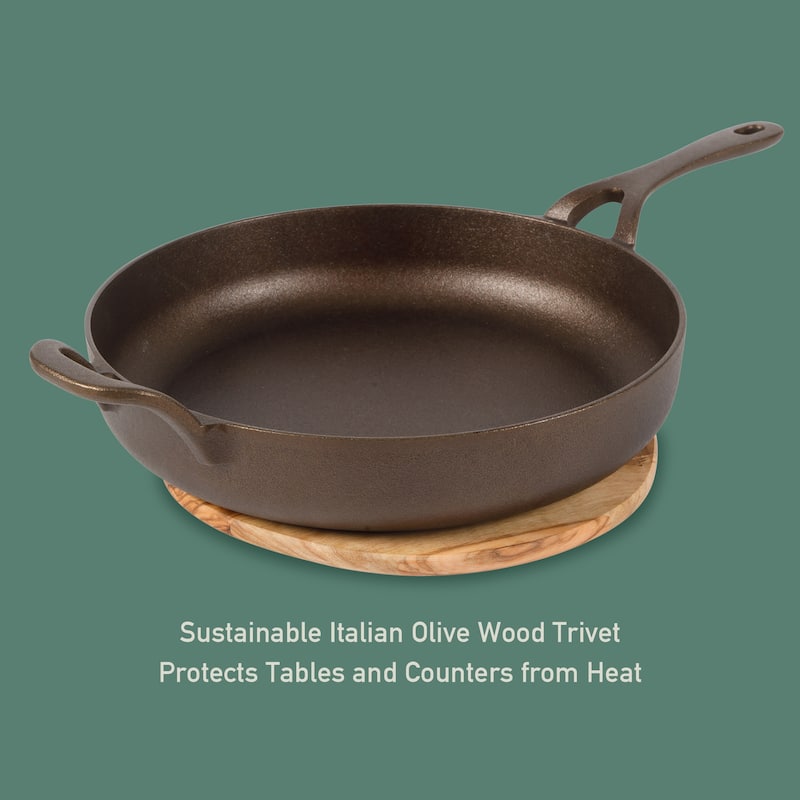 Bloomhouse Natural Bronze Finish Pre-seasoned Cast Iron Grill, Everyday Pan, Skillet & Olive Wood Trivet