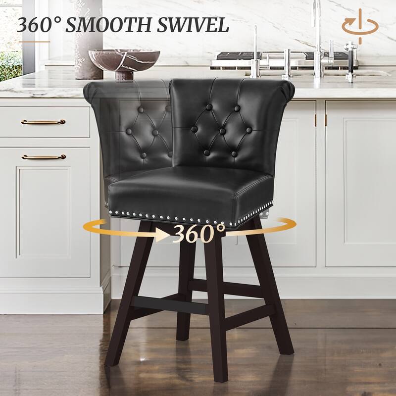 Modern 26.in Swivel Bar Stool Armless Counter Height Stool with Wooden Legs for Kitchen Island - Set of 2 - Black/Faux Leather