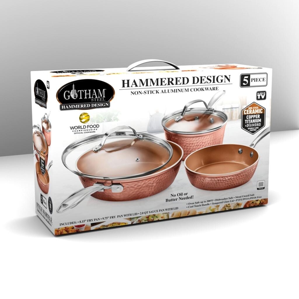 Gotham Steel Hammered Copper Non Stick Scratch Free 5pc Cookware Set Overstock 30812025 Gotham steel pans are safe to use inside the oven for up to 500 degrees fahrenheit as long as you're using an oven mitt to take the pan out once you're done baking. gotham steel hammered copper non stick scratch free 5pc cookware set