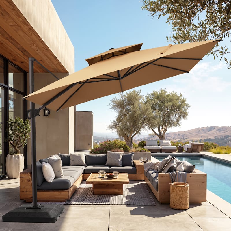 Pellebant 11 ft Patio Cantilever Offset Umbrella Double Top with Base