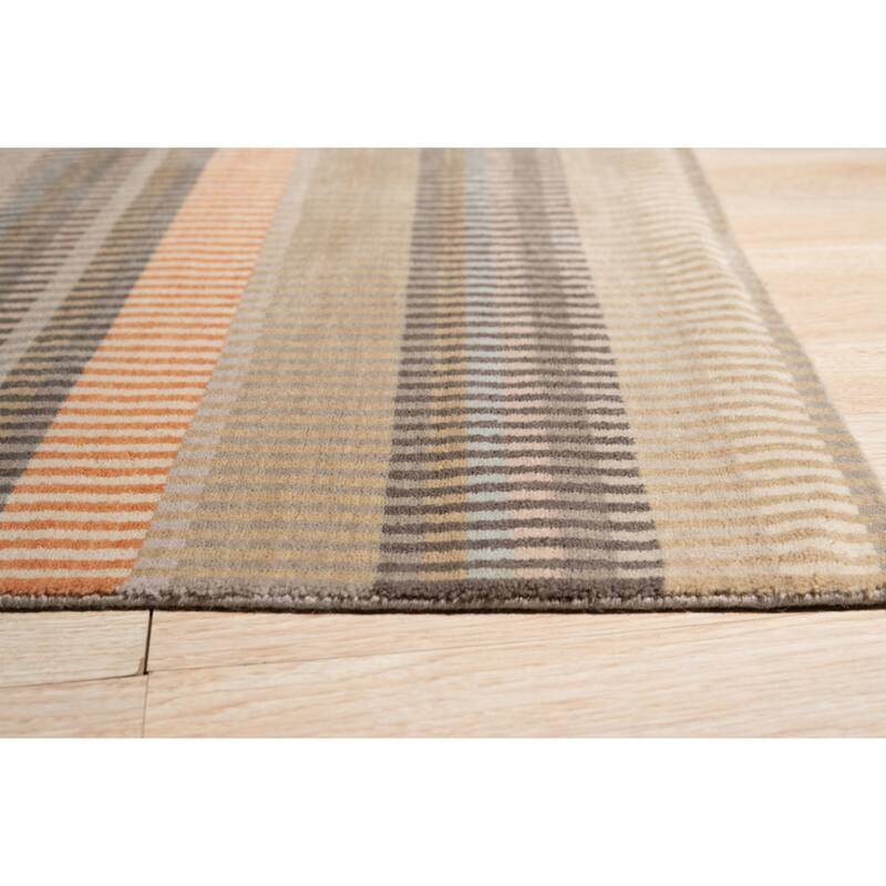 Stripe/Beige Hand Knotted Wool Modern Knotted Striped Rug, 9' x 12', soft stylish area accent - L