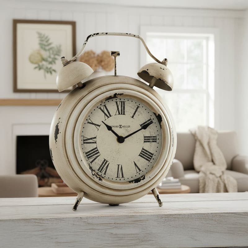 Howard Miller Harriet Vintage, Industrial, Charming, and Distressed Style Mantel Clock, Reloj del Estante - Antique White