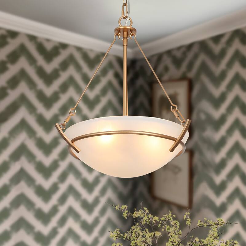 Mid-Century Modern 3-Light Gold Chandelier Bowl Frosted Glass Pendant Light for Dining Room - 11.5" D x 16.5" H
