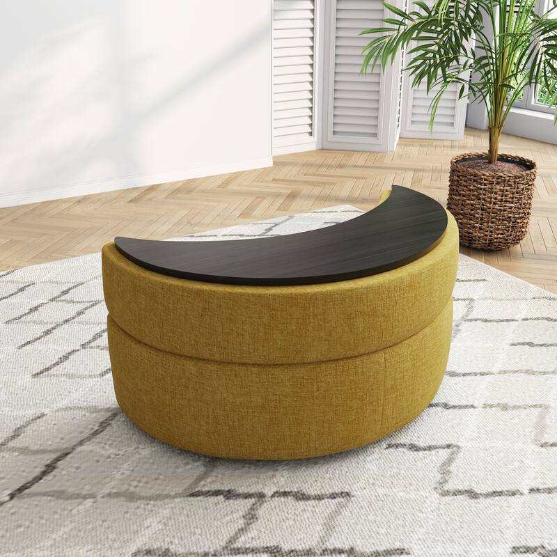 Upholstered Chenille Boucle Half Moon Storage Ottoman with Tray