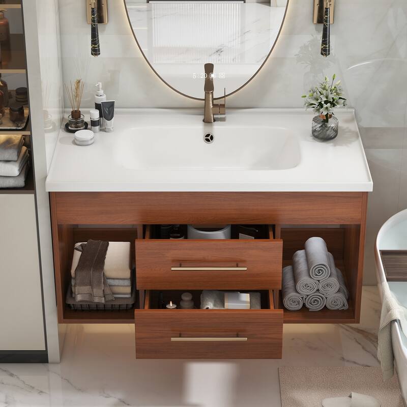 GDFStudio - Luxury 35.4" Floating Sintered Stone Bathroom Vanity with Ceramic Sink & Soft-Close Drawers
