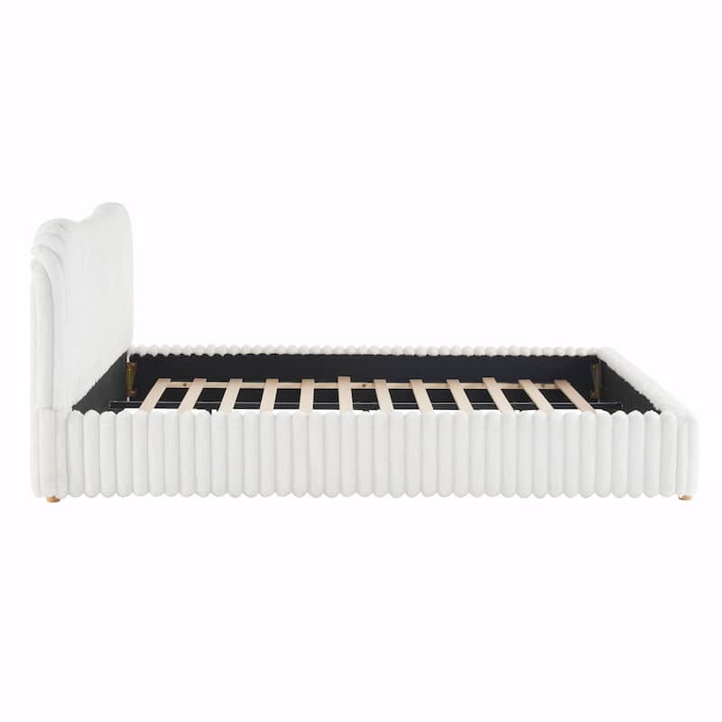 Sleek White Bouclé Upholstered Bed with Wavy Headboard & Vertical Stitching
