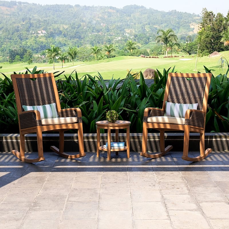 Cambridge Casual Palma 3-piece Teak Wicker Outdoor Rocking Chair Chat Set - FREE Lumbar Pillow