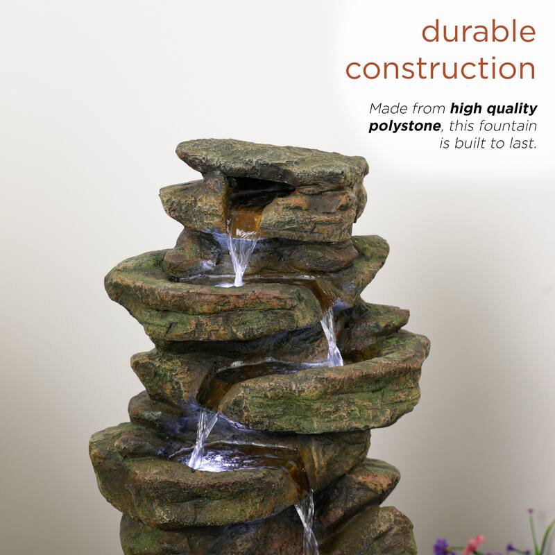 20" Rock Fountain w/ LED, Cascading Outdoor Feature, Brown