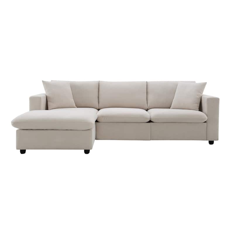 Beige 100.4'' Polyester L-Shaped 4-Seat Sectional Sofa Couch with Convertible Ottoman and 2 Pillows, Contemporary Design