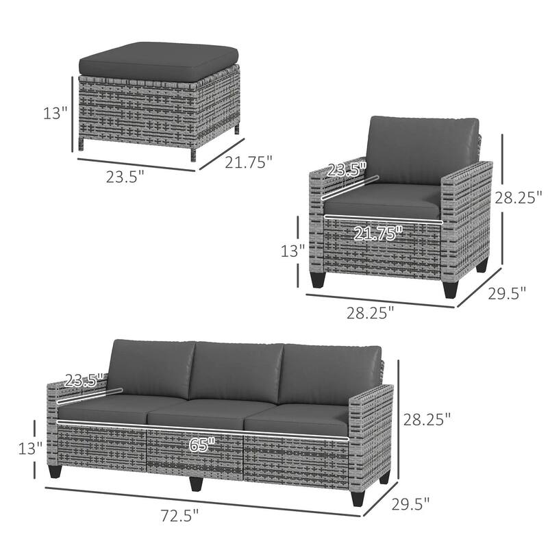5PC PE Rattan Patio Set, Armchairs, Footstools, Cushions