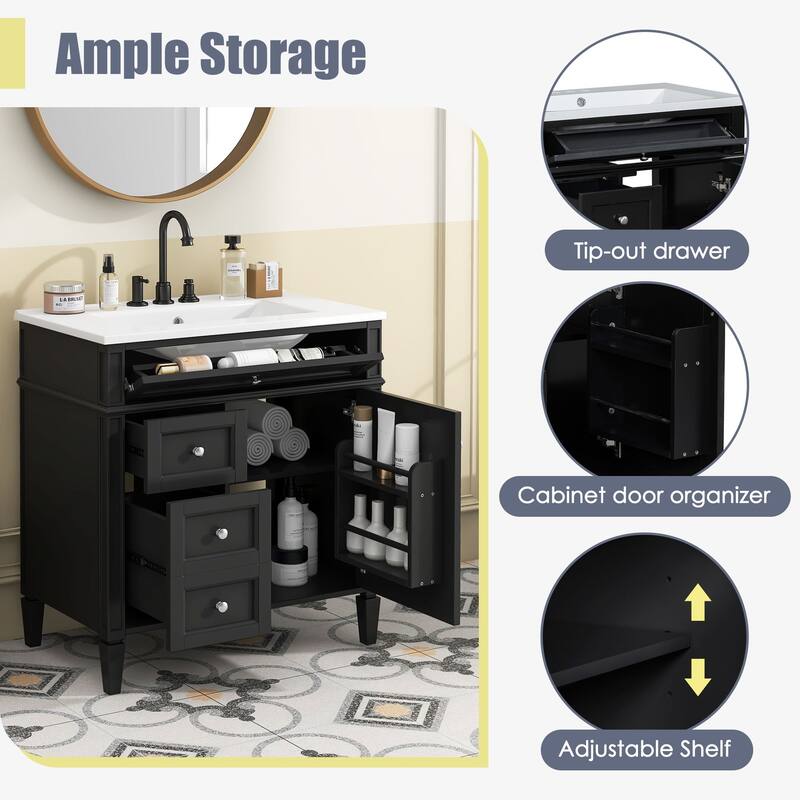 Modern 30" Bathroom Vanity with Ceramic Sink, 2 Drawers & Tip-Out Drawer for Bathroom Storage