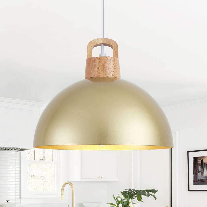 1-Light Rustic Hanging Pendant Light with Metal Shaded for Kitchen Island - Gold