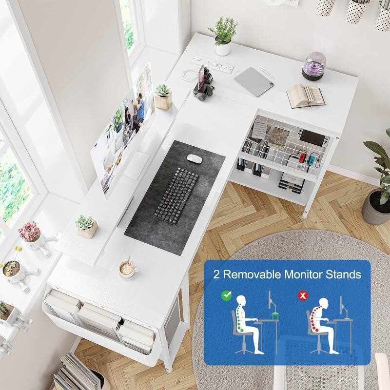 L Shaped Computer Desk with Power Outlets & LED Light, 49.6" Reversible Corner Computer Desk