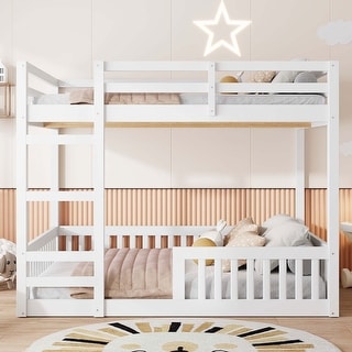 Full over Full Modern Wood Bunk Bed with Ladder and Guardrails for Living Room
