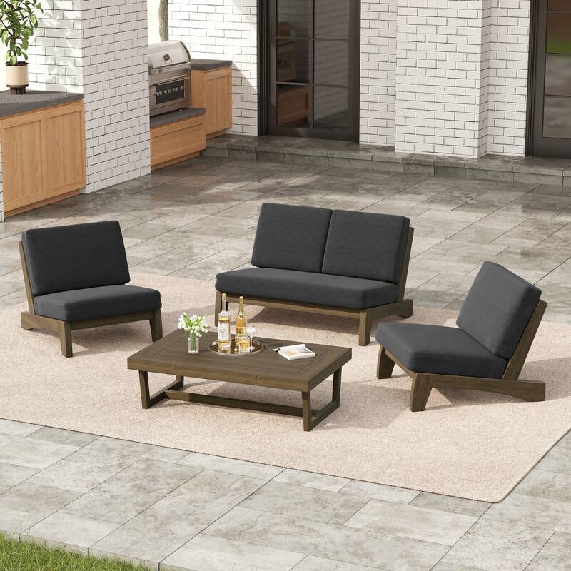 4 Set Outdoor Patio Teak Wood Club Chairs Loveseat with Cushion