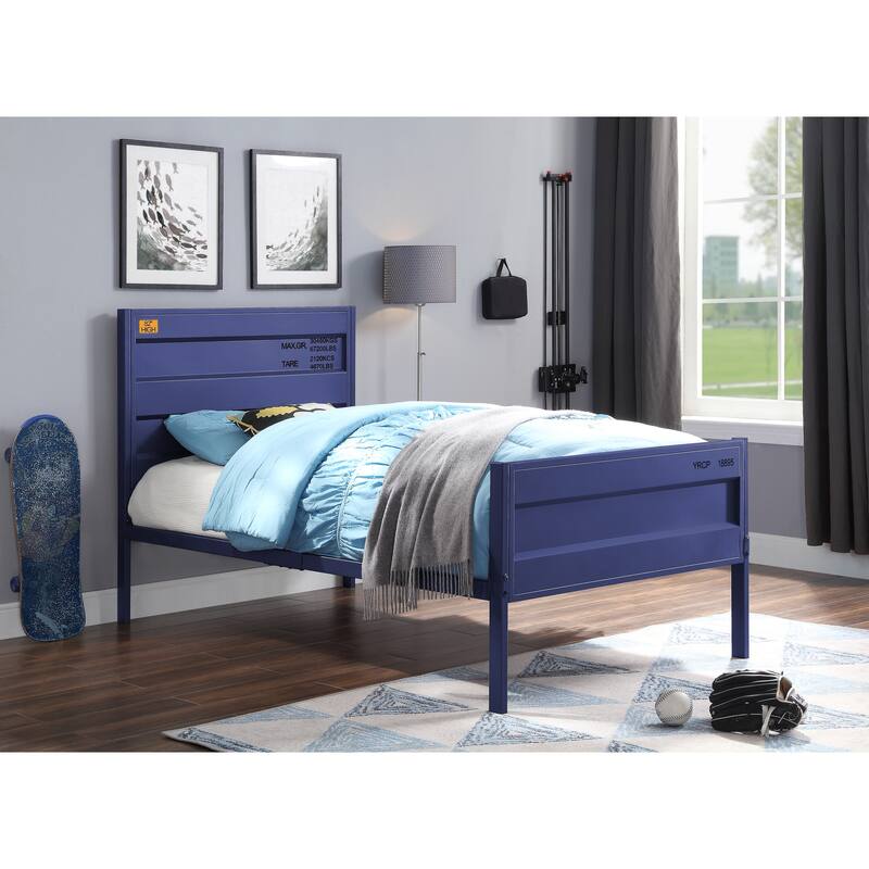 Full Size Cargo Blue Metal Bed with Recessed Panels and Container Style Design - Blue