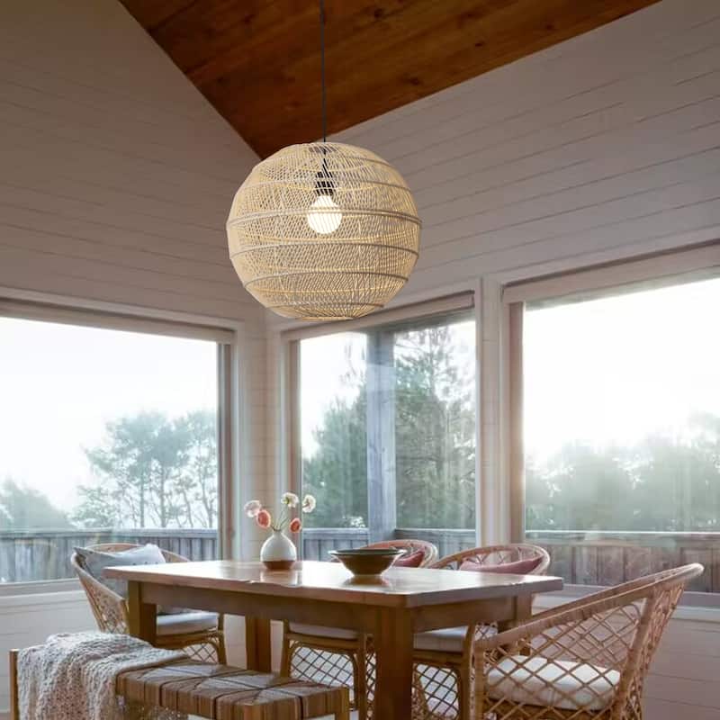 1-Light Globe Chandelier with Rattan Shade, No Bulbs Included