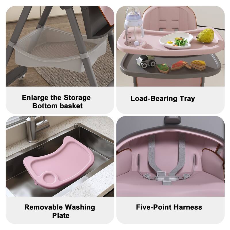 Adjustable Foldable Baby High Chair with Tray and Wheels for 0 6 Years