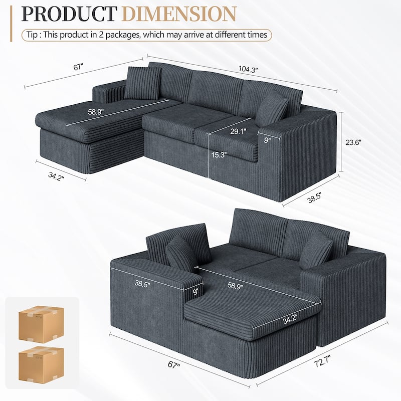 Futzca No-Assembly Modular Sofa, Corduroy Couch with High-Density Foam