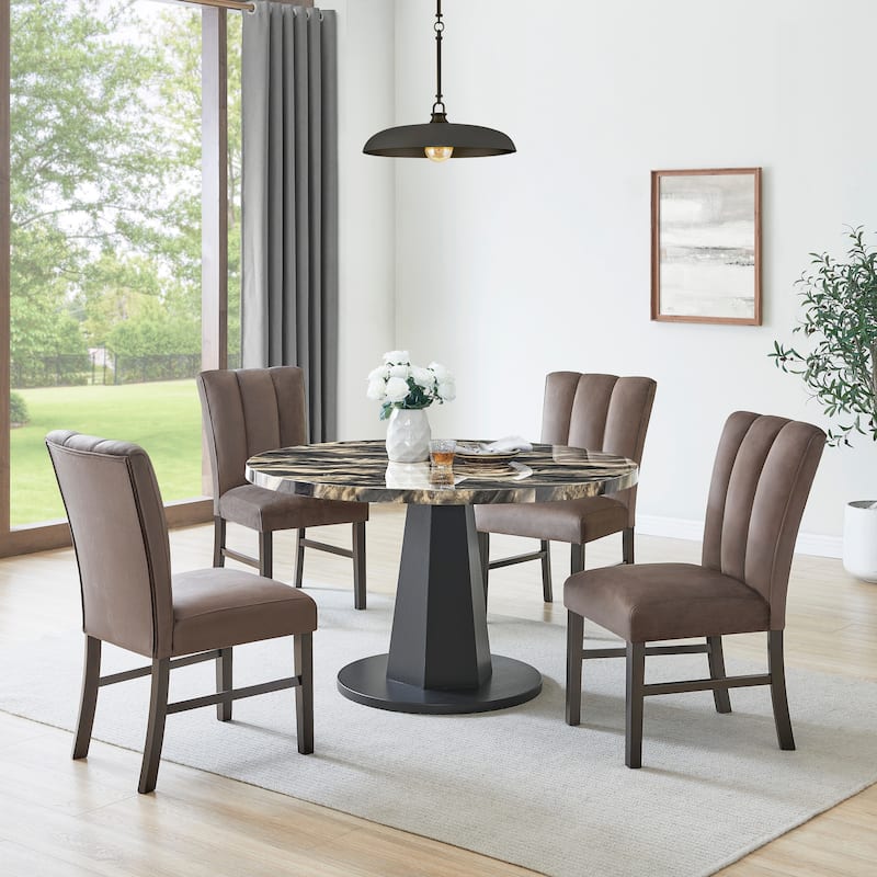 Roundhill Furniture Cavira 5-Piece Modern Dining Set, Round Faux Marble Dining Table with Four Chairs