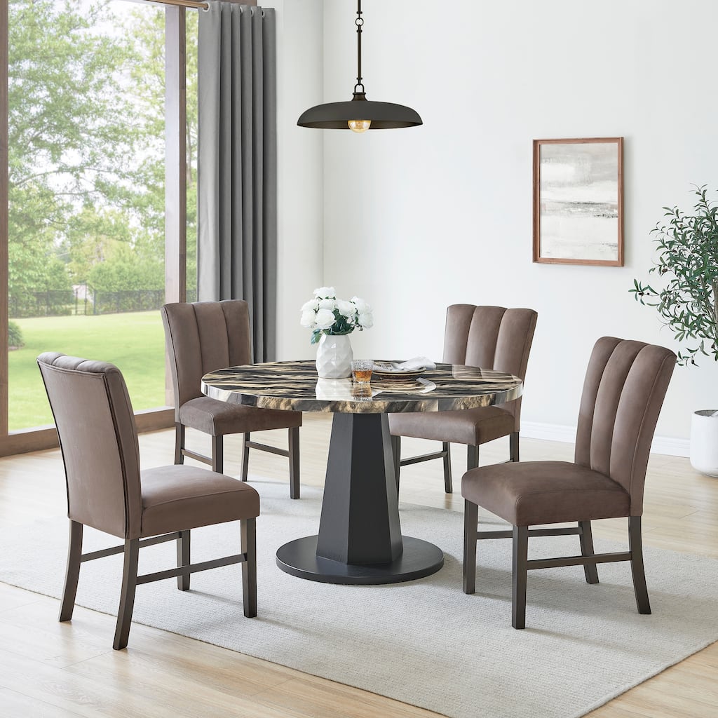 Roundhill Furniture Cavira 5-Piece Modern Dining Set, Round Faux Marble Dining Table with Four Chairs