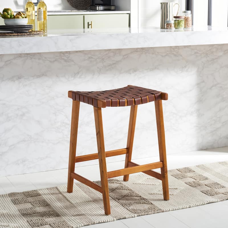 SAFAVIEH Didy 27-inch Woven Leather Rectangle Counter Stool - 19" W x 19" D x 27" H - 19Wx19Dx27H - Cognac/Nautral