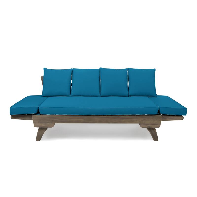 Outdoor Patio Sofa Bed, Small Wood Patio Loveseat with Adjustable Armrests & Removable Cushions, Convertible Couch, for Balcony