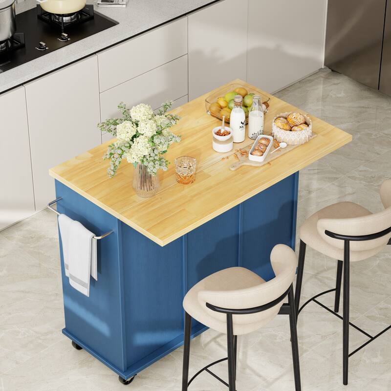 Rolling Kitchen Island Cart with Open Shelf & Drop Countertop - N/A
