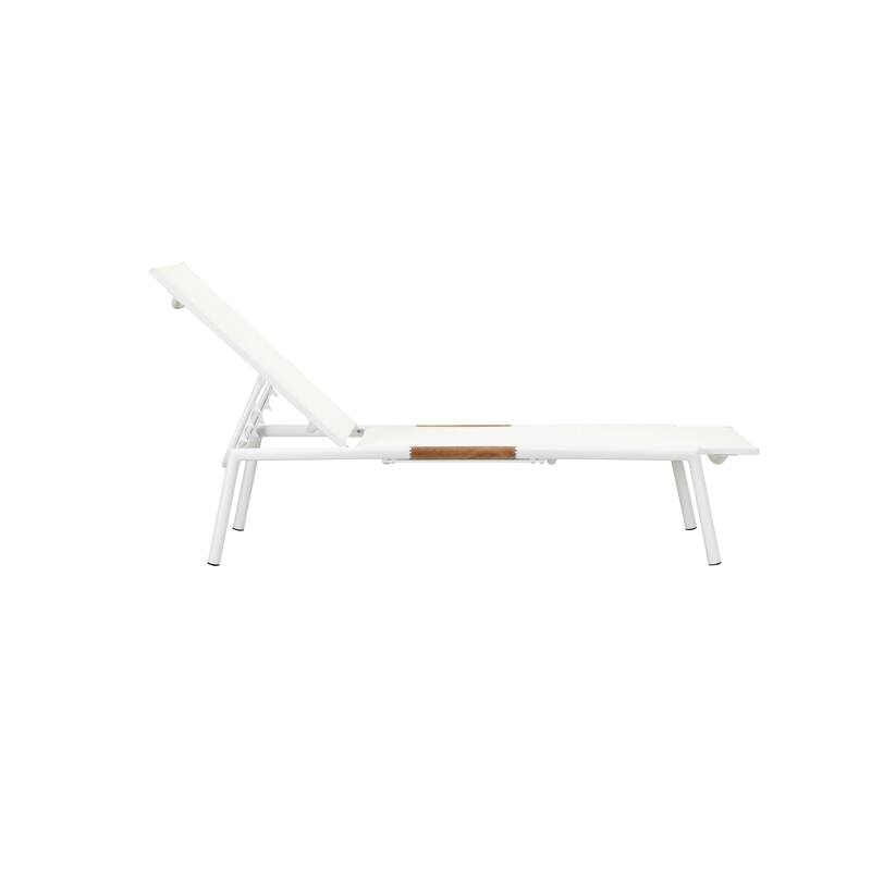 Shia 79 Inch Chaise Lounger, White Aluminum Frames, Teak Accent, Set of 2