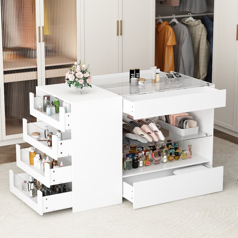 Dressing Island with Glass Shelves Spacious White Organizer Closet - 47.2"X23.6"