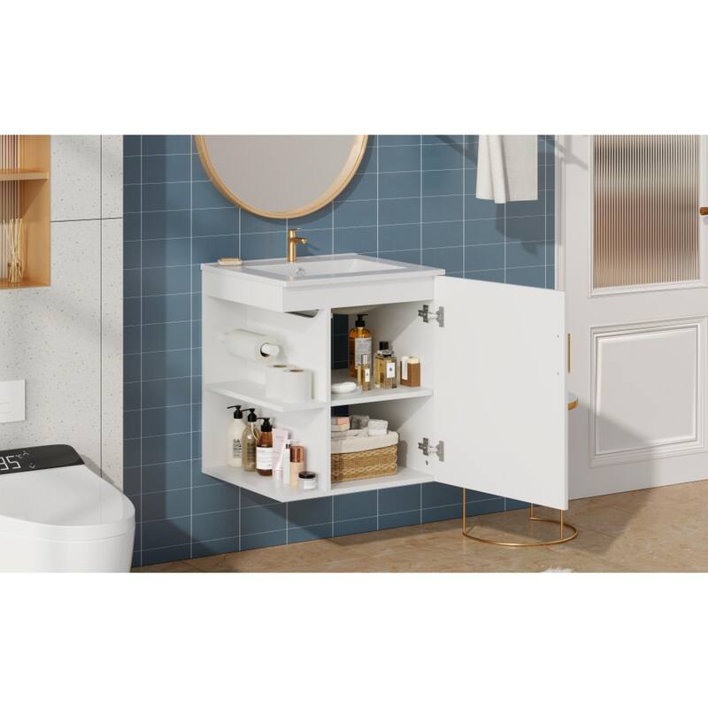 Roomfitters 20 Inch Wall Mounted Bathroom Vanity & Side Cabinet Combo, Floating Storage Station with Sink