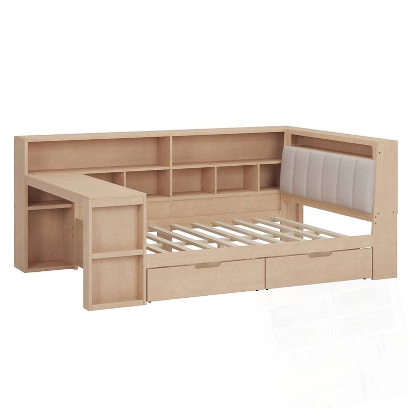 L-shaped Wooden Daybed with Desk and Storage Bookcase with Upholstered Headboard