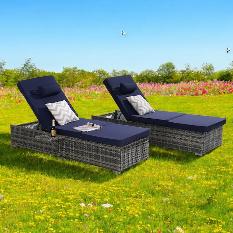 Outdoor Chaise Lounge Chair Set of 2 with Cushions and Adjustable Backrest – PE Rattan Recliners for Patio, Poolside, Garden